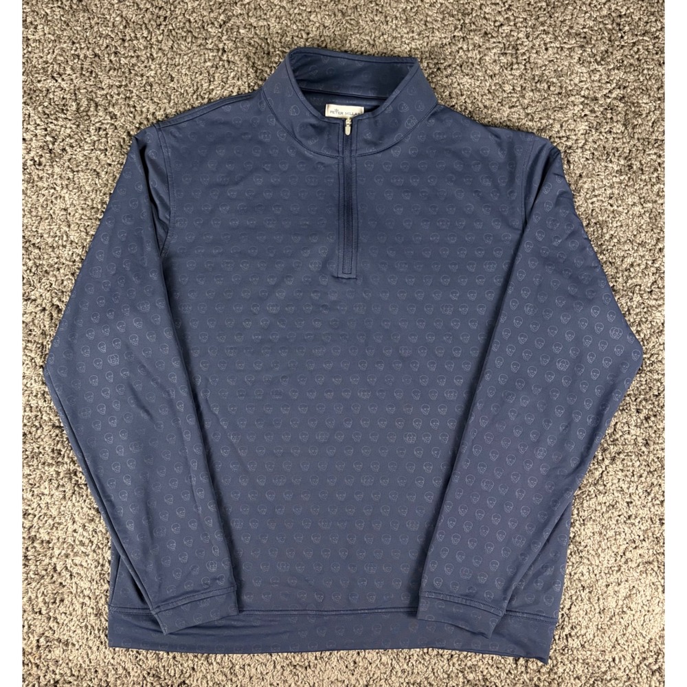 Peter Millar Crown Sport Mens XL Navy Blue Tonal Skull Print Quarter Zip Top